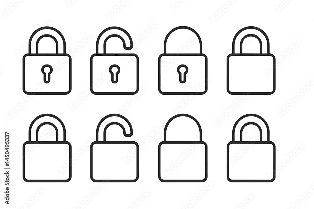 Flat vector illustration of various padlock designs, depicting security and safety concepts in a minimalistic style
