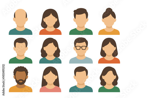 Diverse flat vector illustration of twelve stylized characters representing various genders and ethnicities in casual attire
