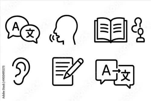 Vector illustration showcasing language learning concepts through various icons depicting speech, books, and writing