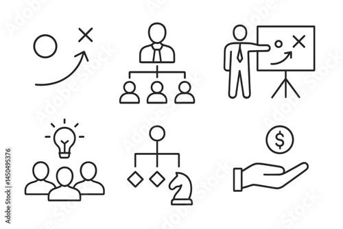 Flat vector illustration of business strategy concepts featured in a structured layout with symbols representing decision making and teamwork