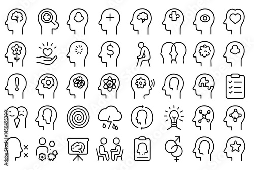 Collection of flat vector illustrations depicting various mental health and well-being concepts with diverse icons and symbols