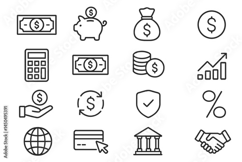 Flat vector illustration of financial icons depicting money management, savings, and banking activities for educational purposes