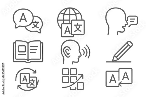 Flat vector illustration showing language learning concepts including communication, translation, and study tools in a modern style