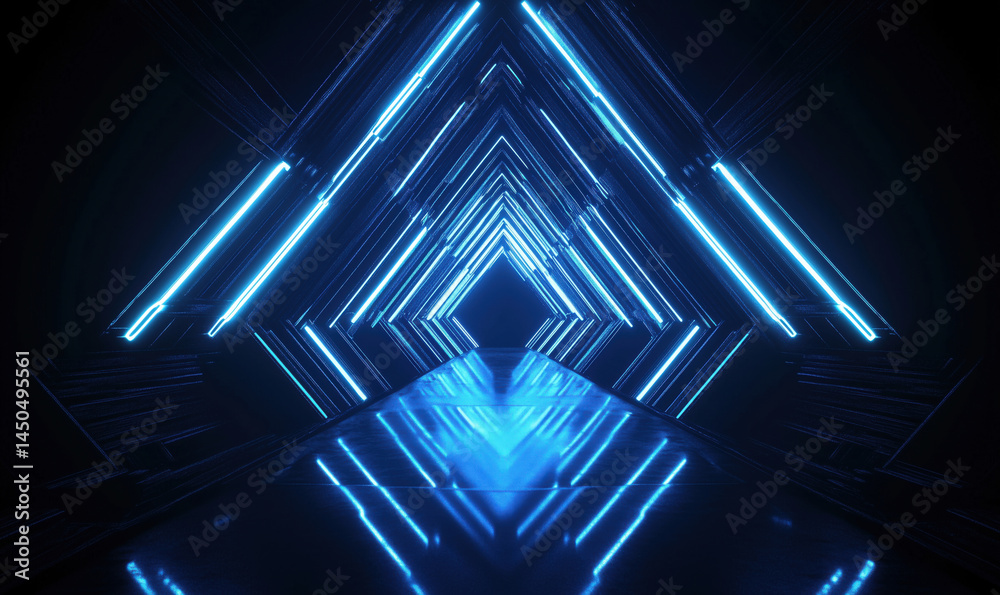 Fototapeta premium Futuristic neon blue tunnel with glowing triangular patterns and reflective floor.