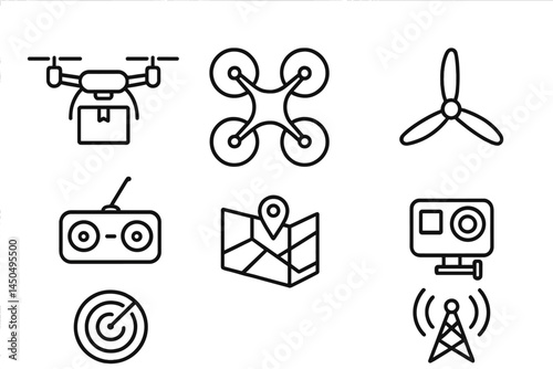 Vector illustration featuring various drone-related icons for technology and transportation themes