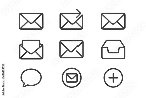 Flat vector illustration of various email icons representing different communication actions and messages in a modern design