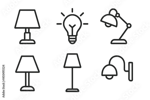 Collection of flat vector illustrations featuring various lamp designs in minimalistic style for home decor ideas
