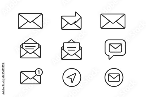 Collection of flat vector illustrations of envelope icons representing various email activities and communications
