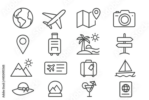 Travel icons collection featuring essential symbols for vacation planning and exploration in a flat vector style