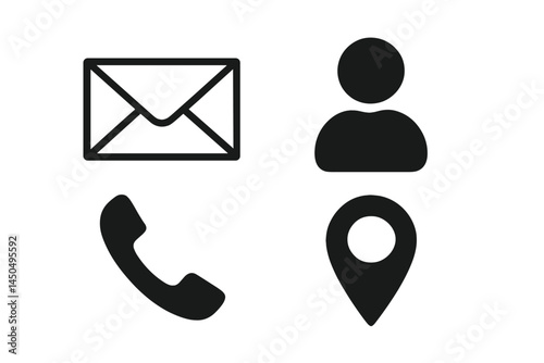 Icons representing communication methods including email, contact, phone, and location in simple flat vector style