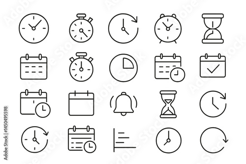 Collection of flat vector illustrations depicting various time-related concepts and devices including clocks, timers, and calendars
