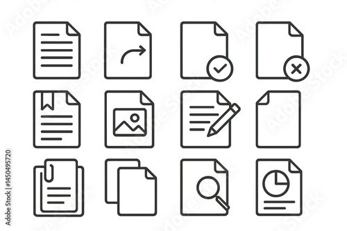 Flat vector illustration depicting various document icons used for digital communication and organization tasks
