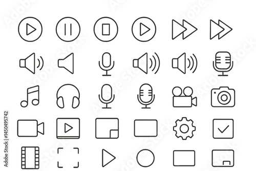 Collection of flat vector music and media control icons in a minimalist style for digital applications