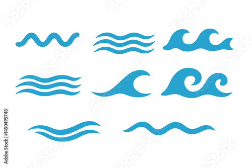Vector illustration of various ocean wave designs showcasing different styles and shapes of sea waves in blue