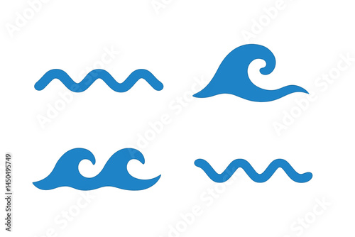 Vector illustration of various wave designs in shades of blue representing different oceanic movements