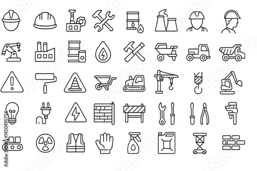Flat vector illustration of construction and industrial tools and equipment for workers and safety measures