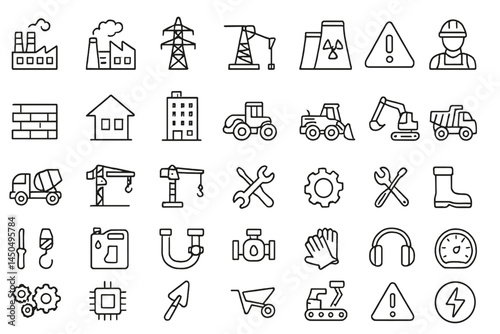 Flat vector illustration of various industrial and construction elements including tools, machinery, and safety symbols