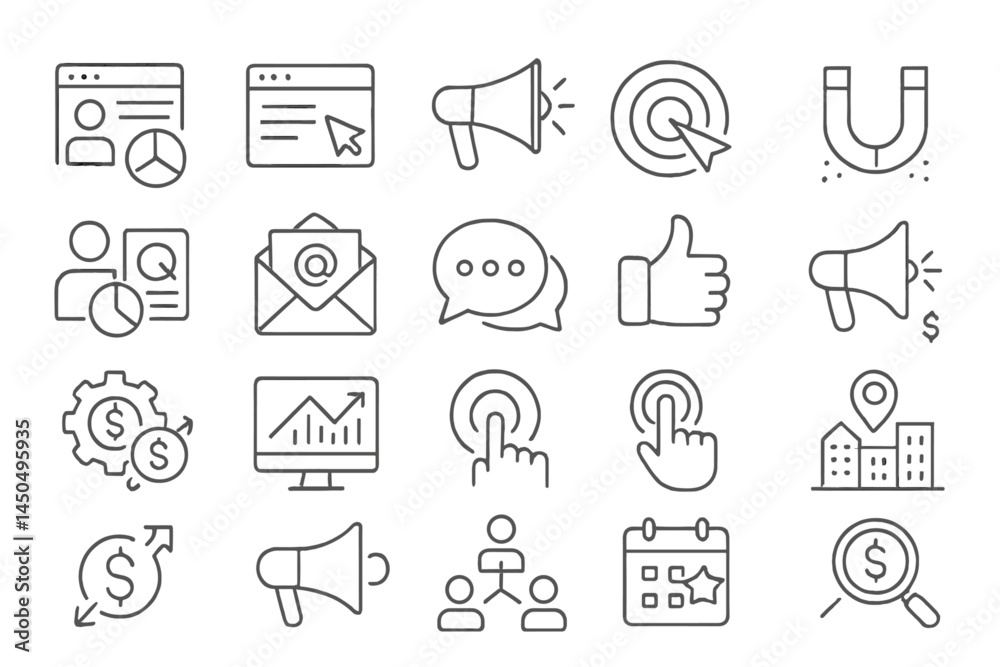 Vector illustration of marketing and communication icons featuring various elements like graphs, megaphones, and connections in a modern design Vector illustration of marketing and communication icons featuring various elements like graphs, megaphones, and connections in a modern design