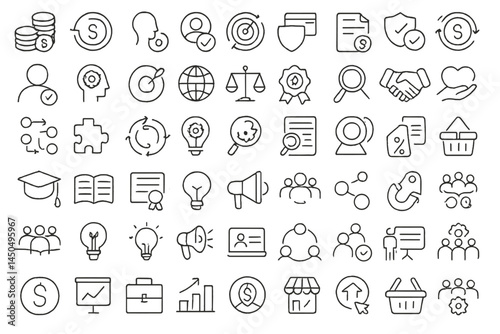 Flat vector illustration depicting various business and financial concepts with icons representing growth, partnership, and education