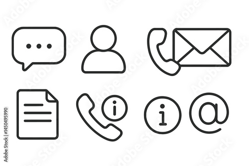 Flat vector illustration featuring communication icons including messages, user, phone, envelope, and information symbols