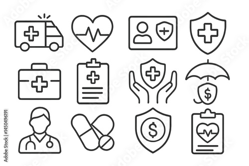 Vector illustration depicting health care icons including an ambulance, medical symbols, and a doctor's figure