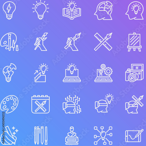 Outlined white icons on a purple background. Symbolizes creativity, learning, and invention, perfect for tech events, educational materials, or innovation-themed presentations.