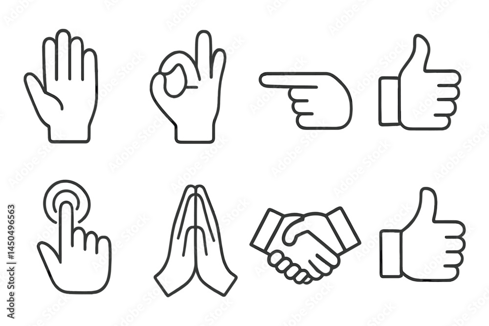 Various hand gestures represented in flat vector illustration showcasing communication and interaction Various hand gestures represented in flat vector illustration showcasing communication and interaction