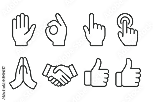 Vector illustration of various hand gestures expressing communication and interaction in a simple design