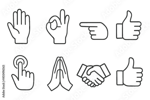 Various hand gestures represented in flat vector illustration showcasing communication and interaction