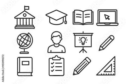 Education and learning concepts illustrated through flat vector graphics depicting various academic activities and tools