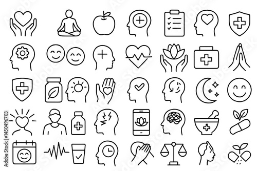 Health and wellness vector icons showcasing mindfulness, nutrition, and medical care in a harmonious layout