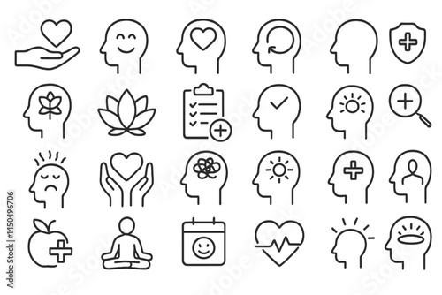 Vector illustration showcasing mental health icons including faces, symbols, and wellness activities for promoting well-being