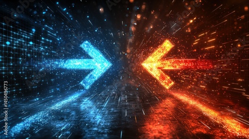 Dual path of technological advancement, opposing arrows of blue and orange light