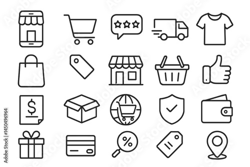Flat vector illustration of shopping icons depicting various retail activities and elements commonly associated with online shopping