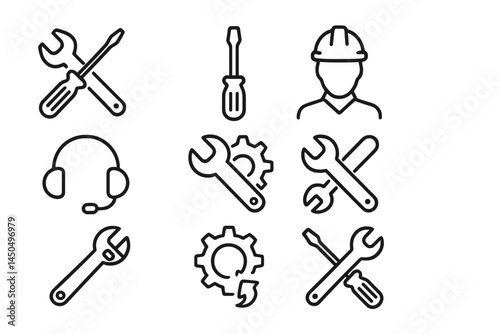 Vector illustration depicting various tools, a worker, and maintenance activities in a minimalistic design style