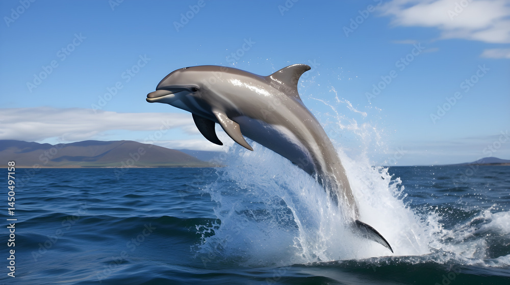 Fototapeta premium A dolphin leaping out of the water with mountains in the background.