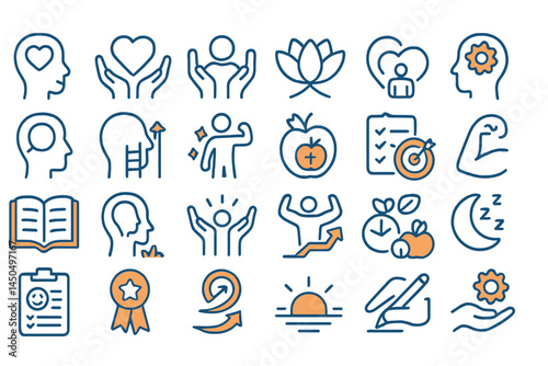 Vector illustration depicting diverse icons representing wellness, personal growth, and mindfulness activities for holistic living