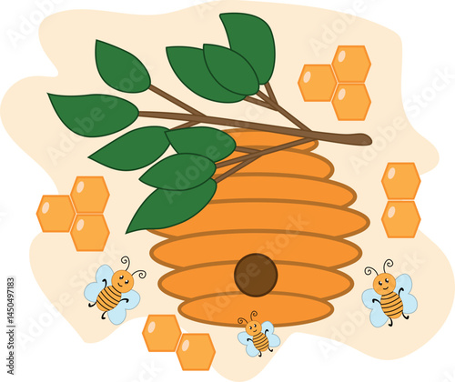 Illustration of Bee Hive with Bees and Honeycomb