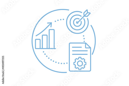 Vector illustration depicting business metrics and goal achievement with charts and targets in a modern design style