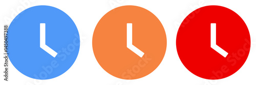 Vector set of clock icons, featuring three circular designs in blue, orange, and red. For UI/UX interfaces, productivity apps, scheduling tools, business presentations, and digital graphics.