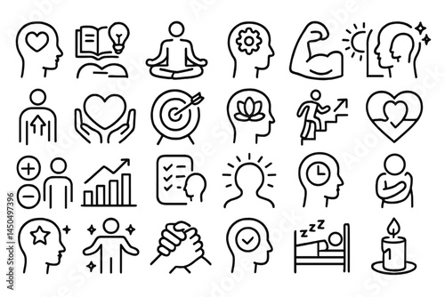 Explore personal growth concepts through flat vector illustration of various mental health and self-improvement icons