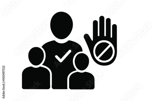 Flat vector illustration of a person signaling stop with two figures by their side, conveying the message of exclusion and permission