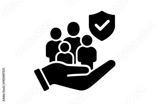 Illustration of a hand supporting people with a shield representing protection and security