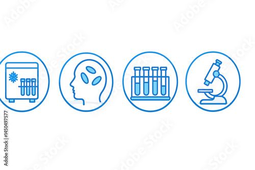 Vector illustration depicting laboratory equipment, including a refrigerator, brain, test tubes, and microscope for scientific activities
