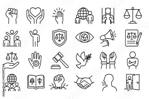 Vector illustration depicting social justice concepts including equality, community, and activism in a modern design style