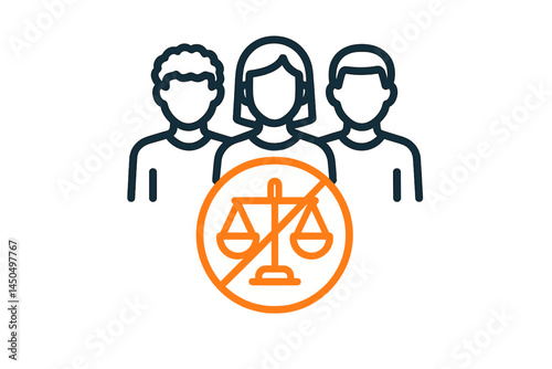 Vector illustration of three diverse individuals standing against a backdrop of a balanced scale symbolizing justice and equality
