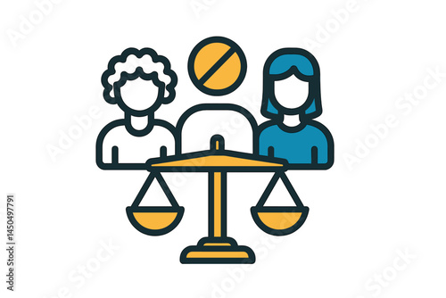 Balance of justice represented by diverse figures engaging in equal representation and fairness in a professional setting