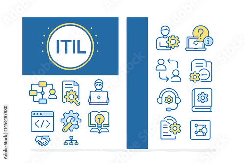 ITIL framework representation featuring icons and illustrations related to service management concepts and practices
