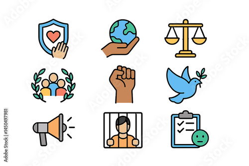 Flat vector illustration showing symbols related to social justice, activism, and community engagement in various actions