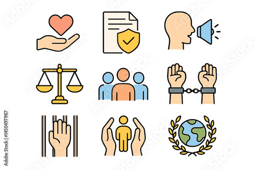 Colorful flat vector illustration of human rights concepts including care, justice, protection, and community engagement